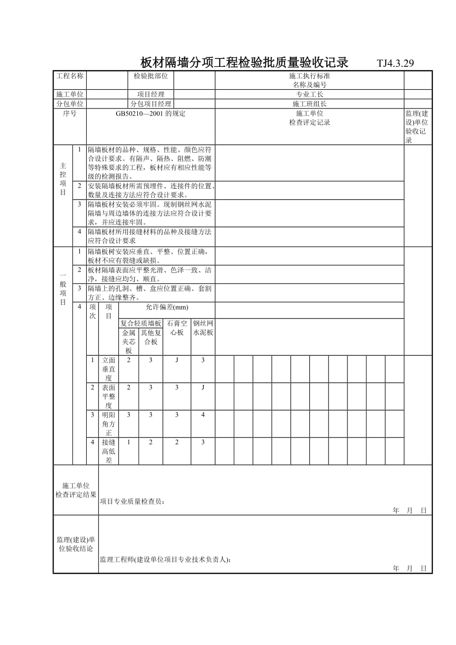 （建筑工程质量） 板材隔墙分项工程检验批质量验收记录TJ_第1页