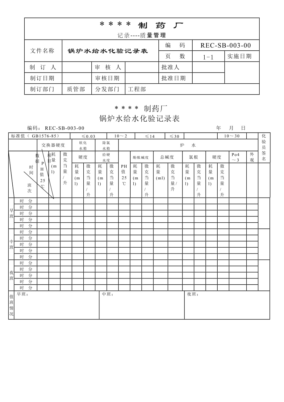 （建筑给排水工程）锅炉给水化验记录_第1页