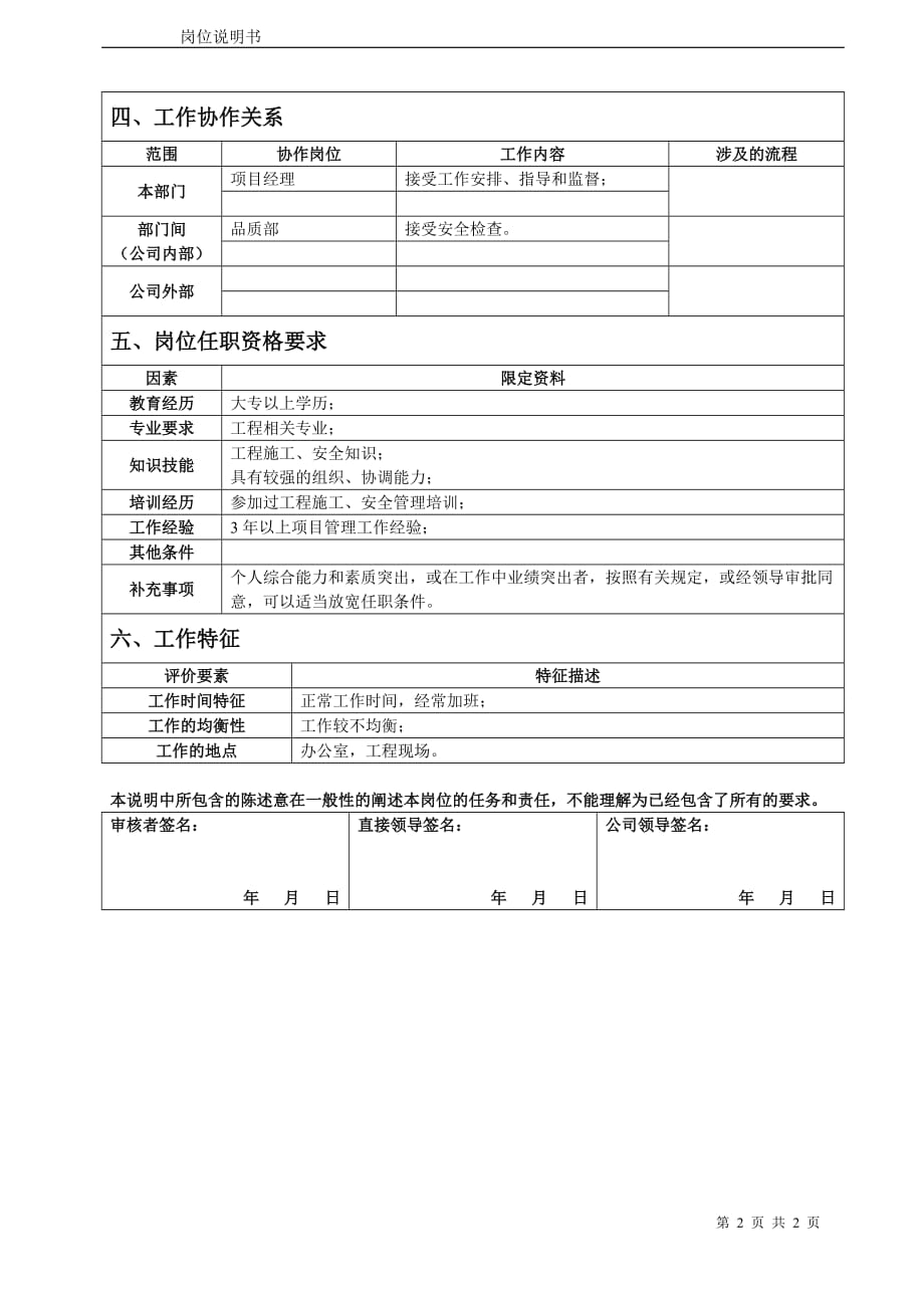 （建筑工程安全）工程部安全主管岗位说明书_第2页