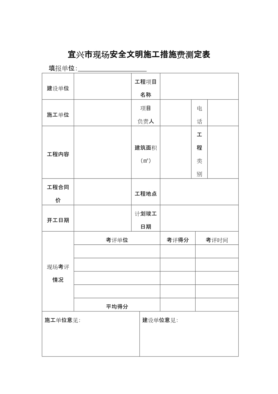 （建筑工程安全）宜兴市现场安全文明施工措施费测定表_第1页