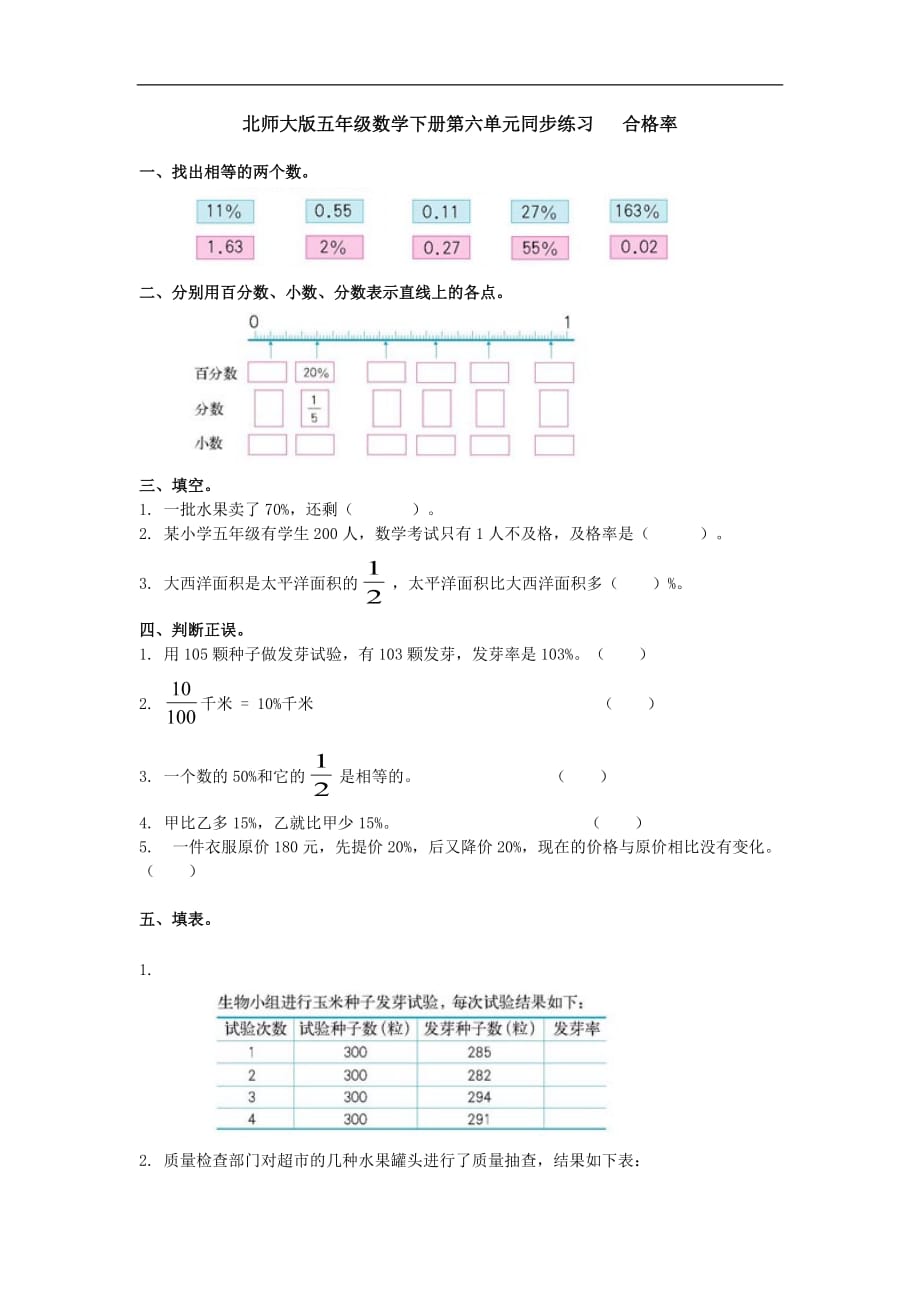 五年级下册数学同步练习合格率北师大版_第1页