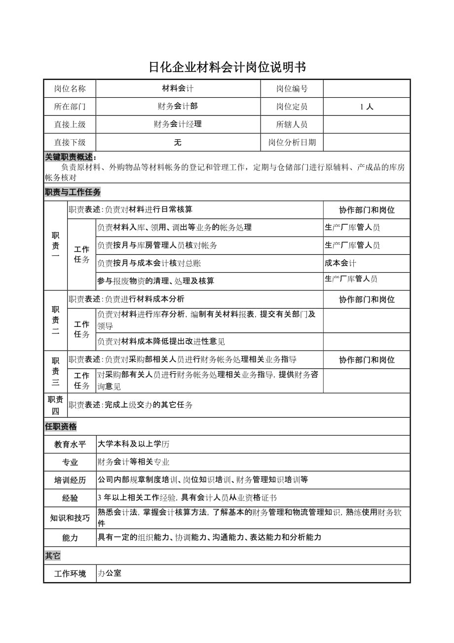 （日化行业）日化企业材料会计岗位说明书_第1页