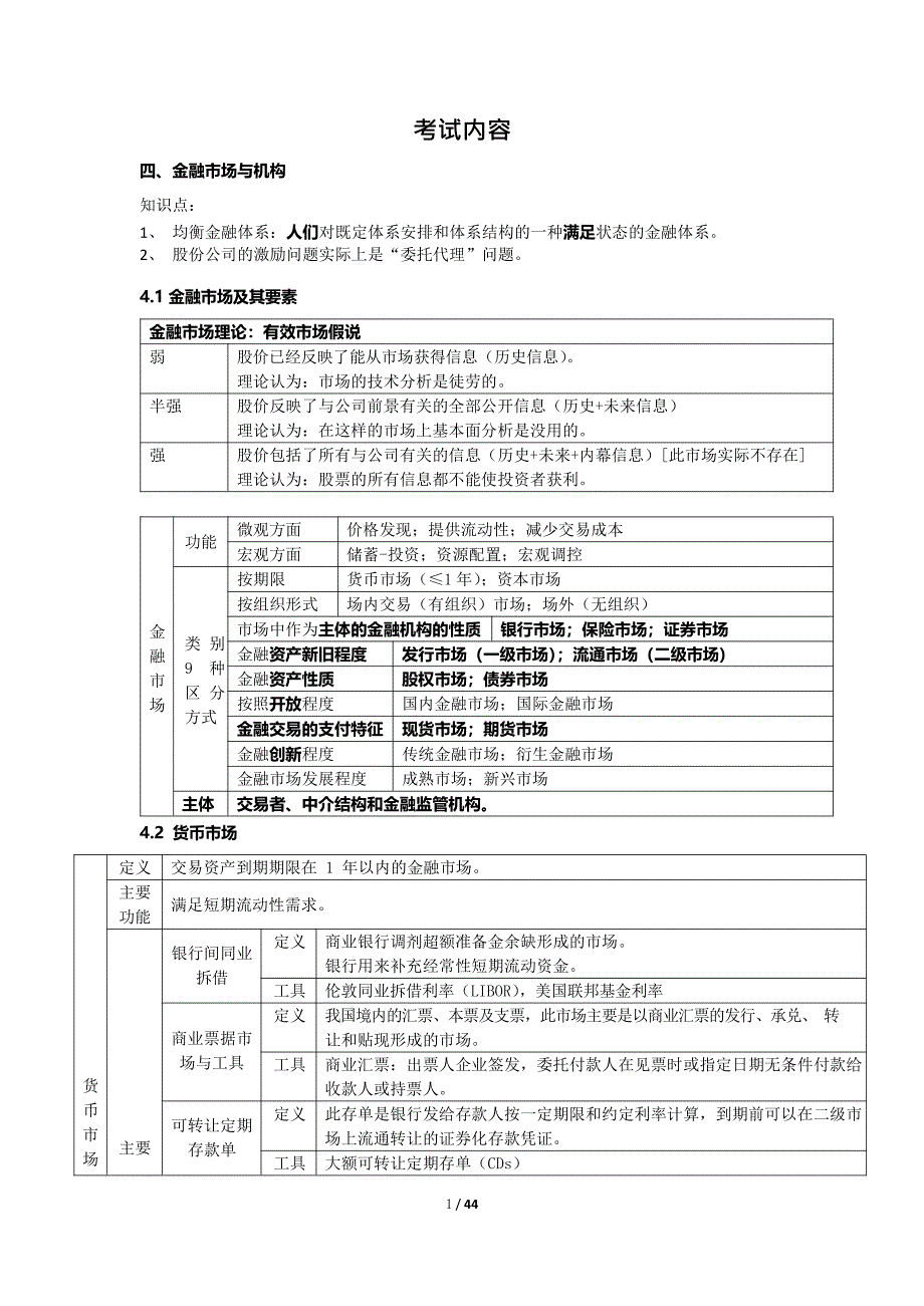 金融讲义 金融市场与机构考试内容_第1页