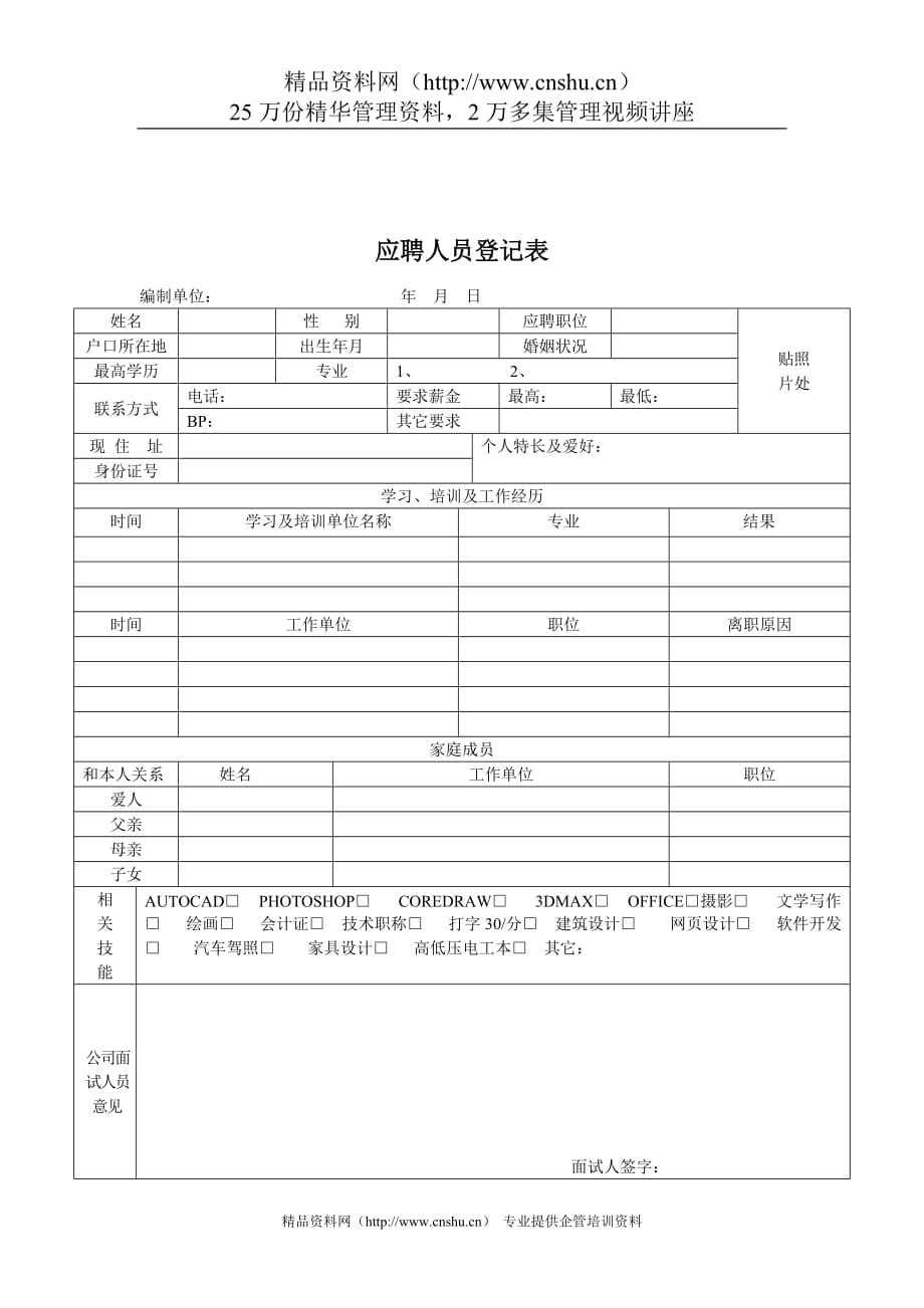 （冶金行业）煤炭行业人力资源部应聘人员登记表格_第1页