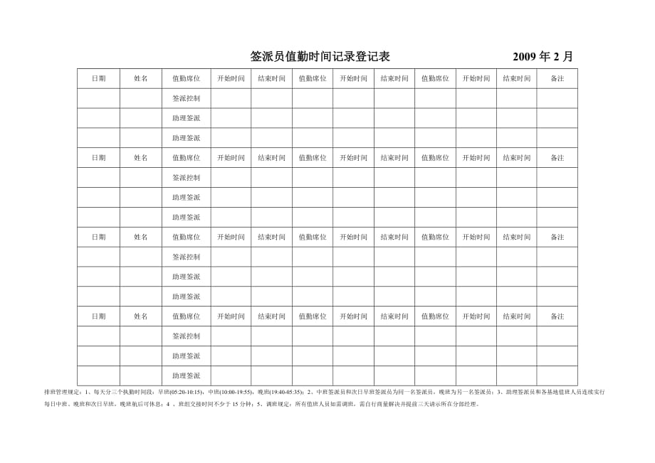 （企业管理套表）航空物流公司签派员值勤时间记录登记表（新）_第1页