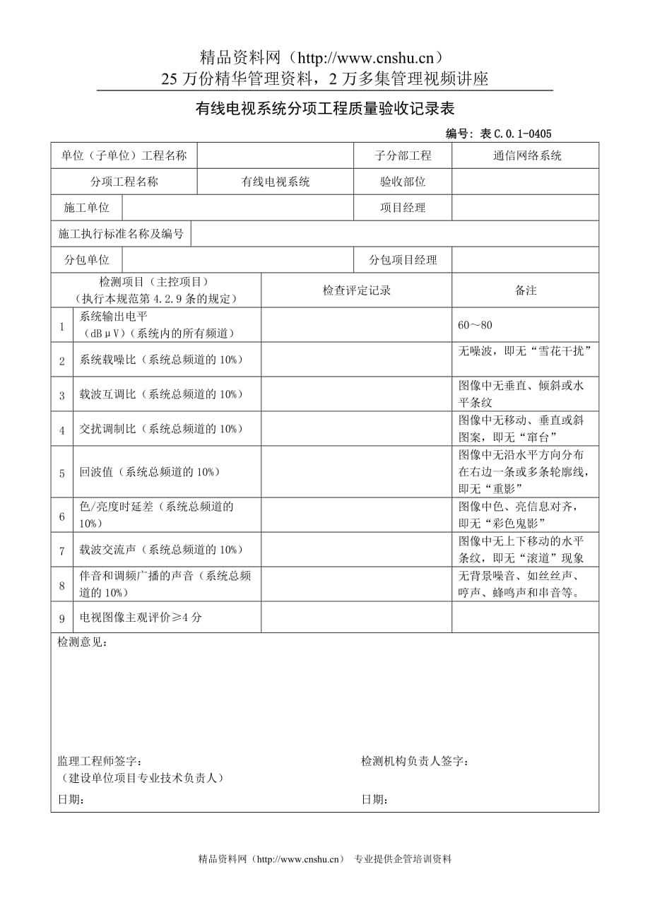 （质量管理套表）有线电视系统分项工程质量验收记录表_第1页