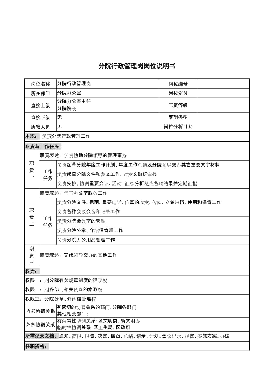 （岗位职责）分院行政管理岗的工作职责_第1页