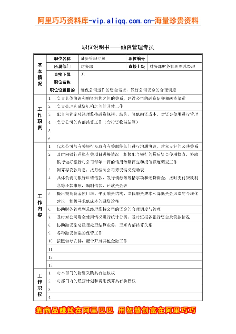 （岗位职责）融资管理专员岗位说明书_第1页