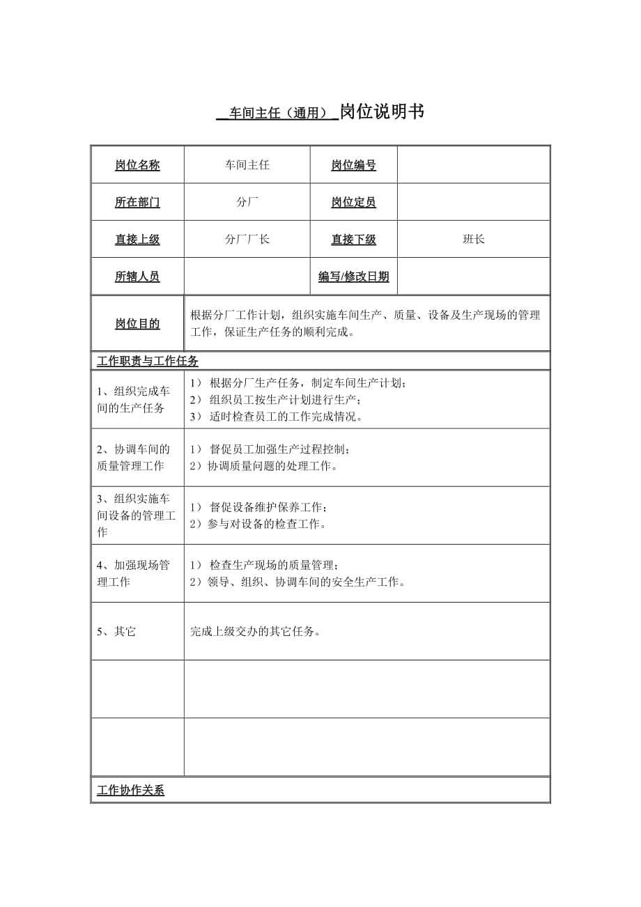 （岗位职责）分厂车间主任岗位描述_第1页