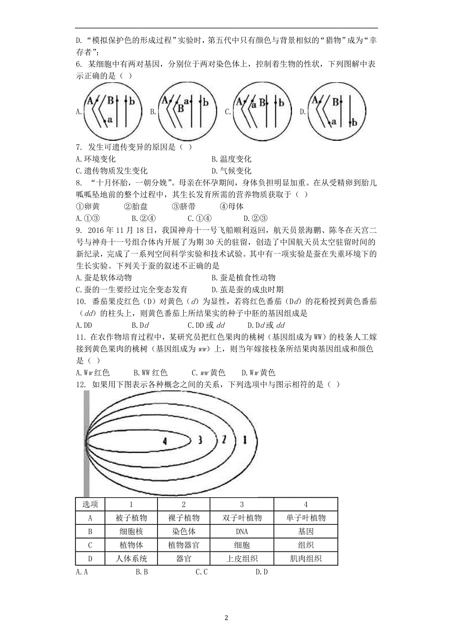 山东省临沂太平中学2017年中考生物专题复习与命题猜想《生物的生殖、发育与遗传》（含答案和解析）_6080752.docx_第2页