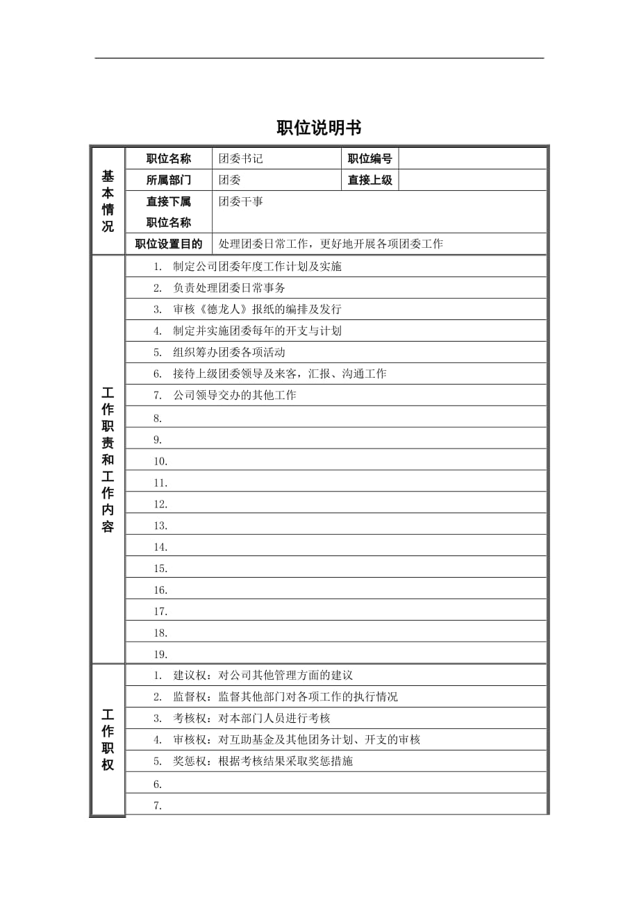 （岗位职责）新华信德龙钢铁团委书记职位说明书_第1页