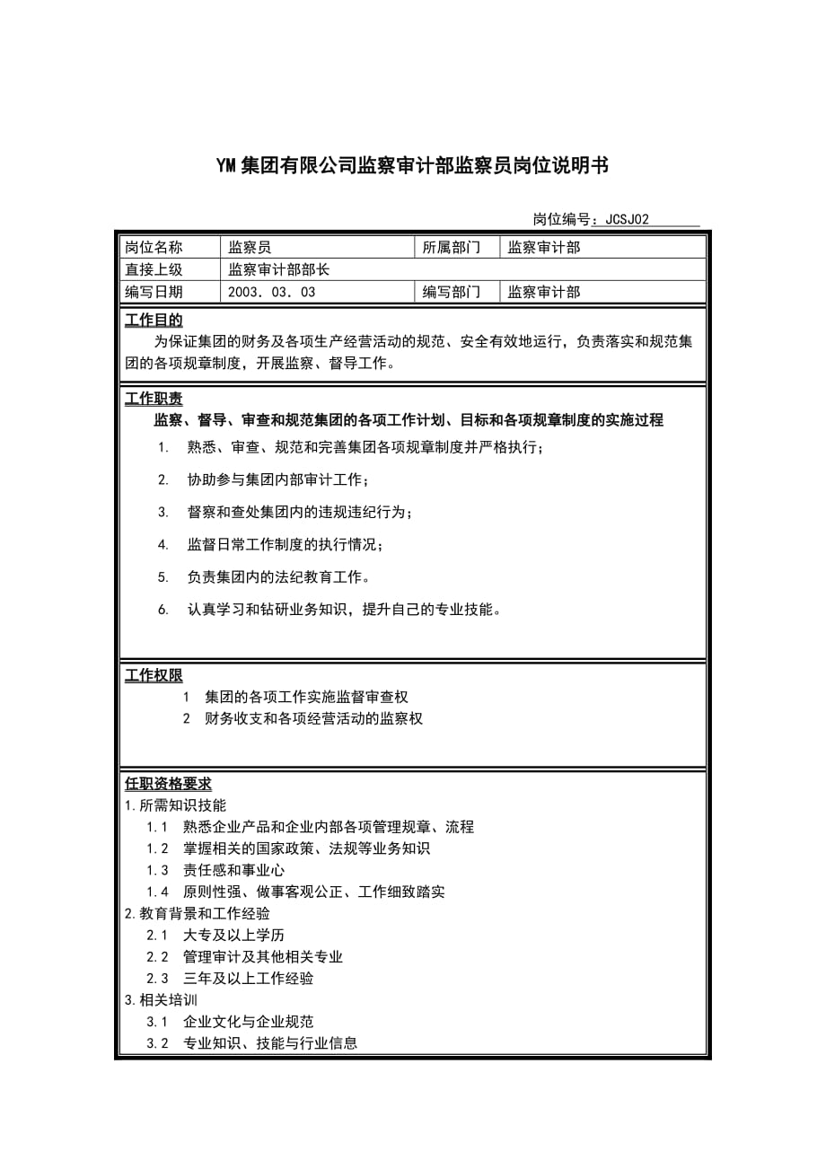 （岗位职责）某公司监察审计部监察员岗位职责_第1页