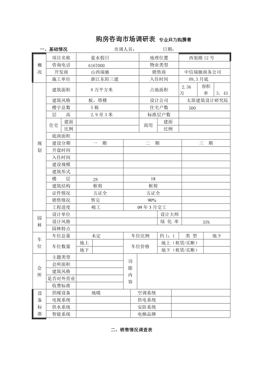 （市场调查）蓝水假日市场调查表_第1页