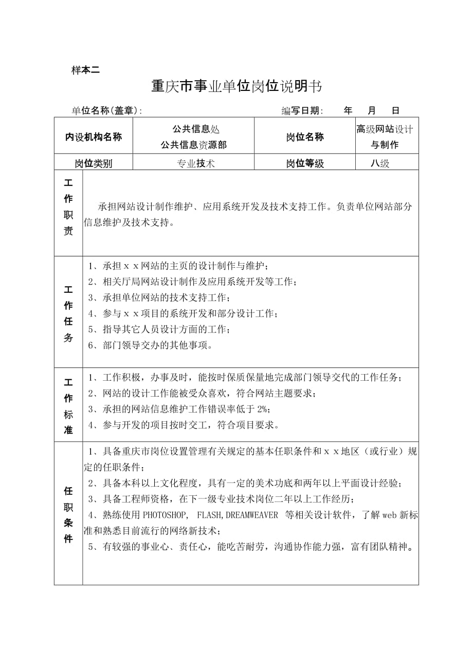 （岗位职责）重庆市事业单位岗位说明书_第1页