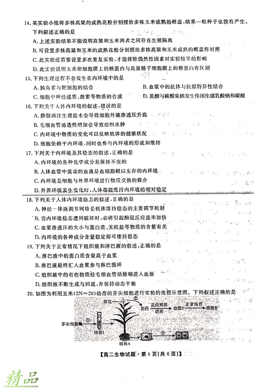 安徽省亳州市2019_2020学年高二生物上学期第二次质检考试试题_第4页