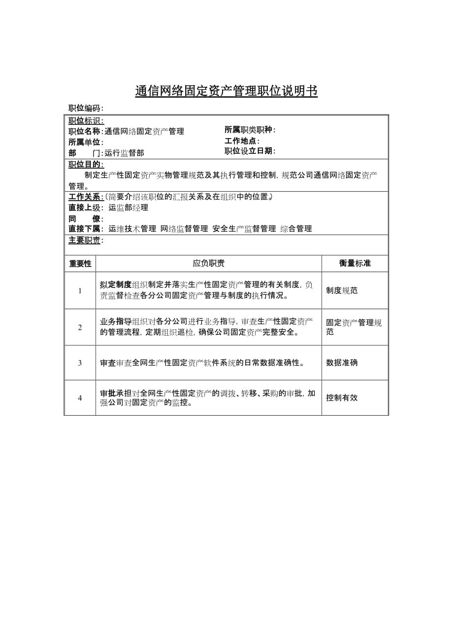 （岗位职责）通信网络固定资产管理员岗位说明_第1页