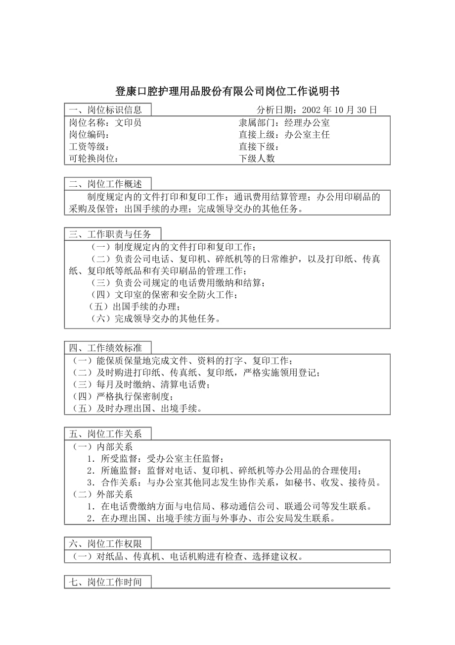 （岗位职责）经理办公文印员岗位描述_第1页