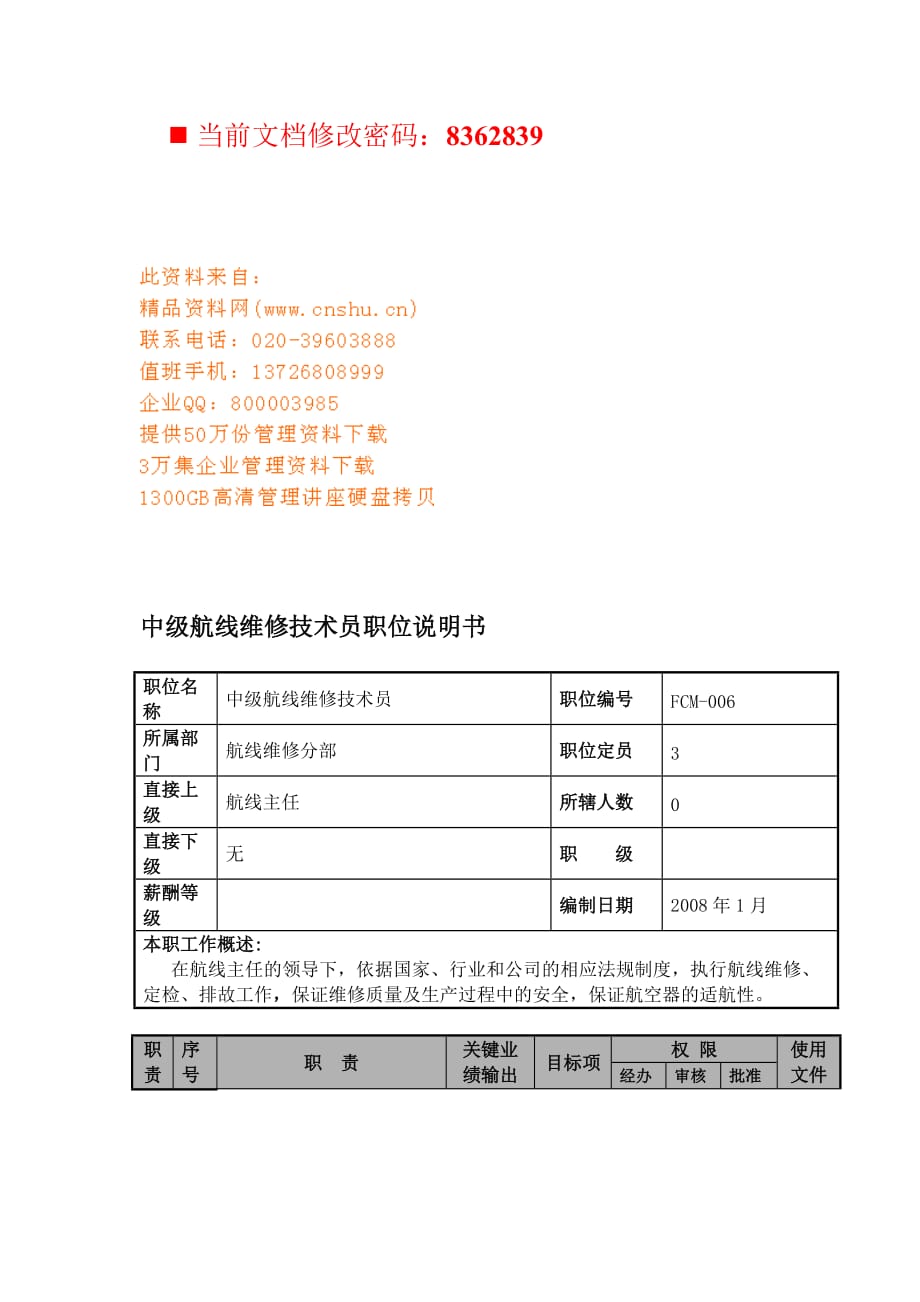 （岗位职责）航空公司中级航线维修技术员岗位说明_第1页