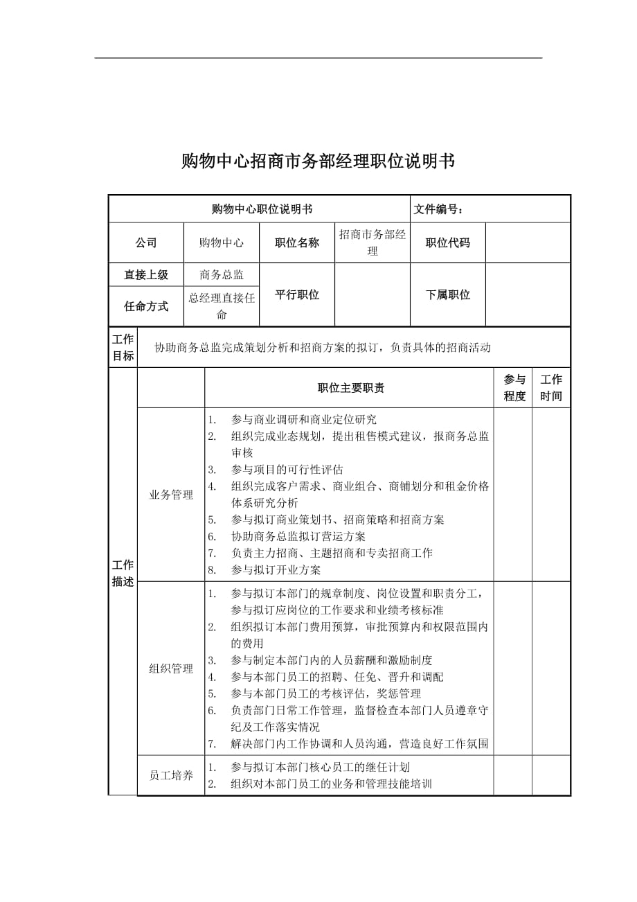 （岗位职责）购物中心招商市务部经理职位说明书_第1页