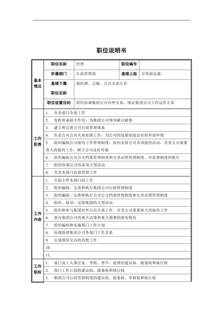 （岗位职责）行政管理部经理职位说明书_第1页