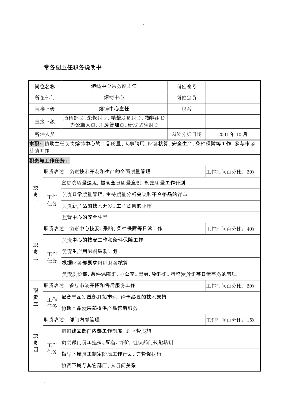 （岗位职责）航材院熔铸中心常务副主任职务说明书_第1页