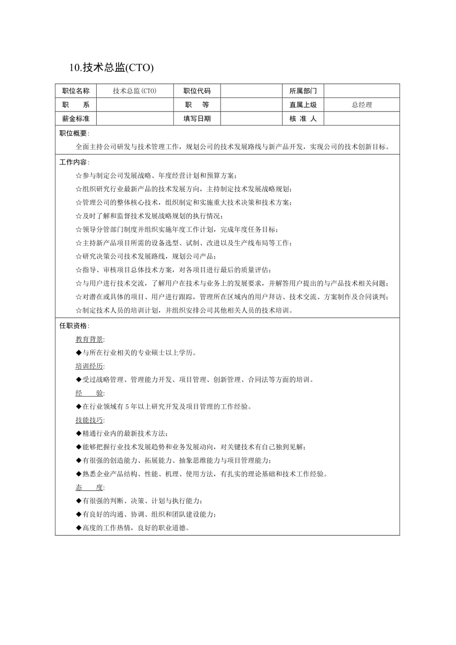 （岗位职责）适用于中小企业技术总监的岗位说明书_第1页