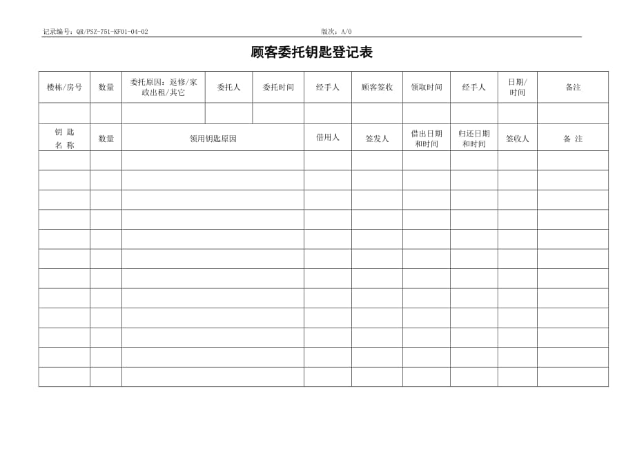 （客户管理）QRPSZKF 顾客委托钥匙登记表_第1页