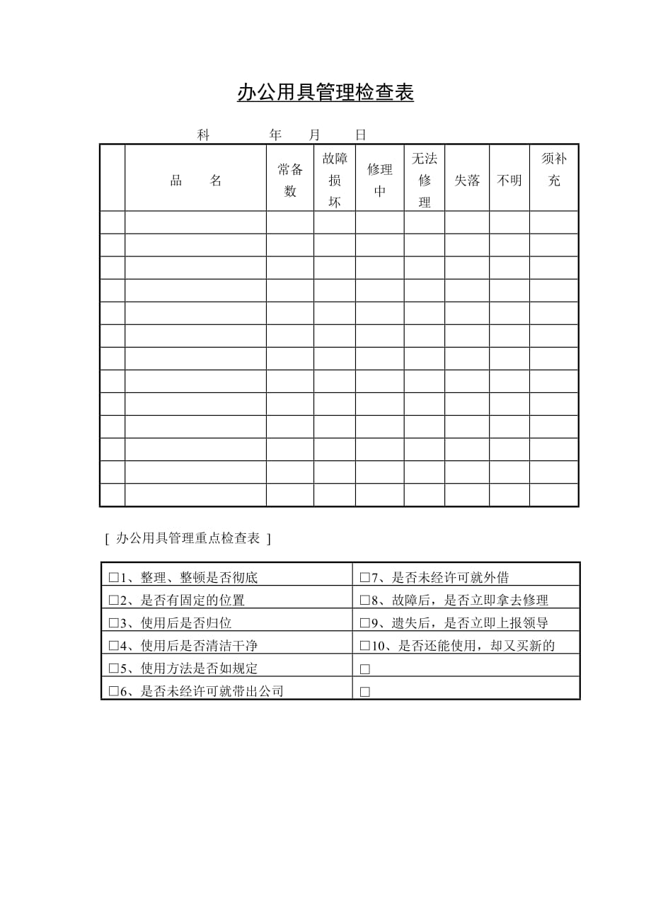 （企业管理套表）办公用具管理检查表_第1页