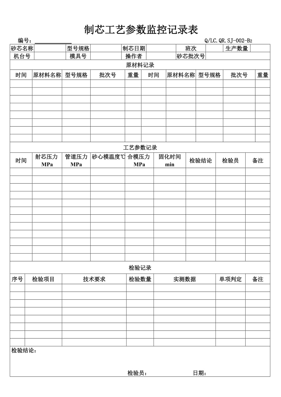 （工艺技术）制芯工艺参数监控记录表B_第1页