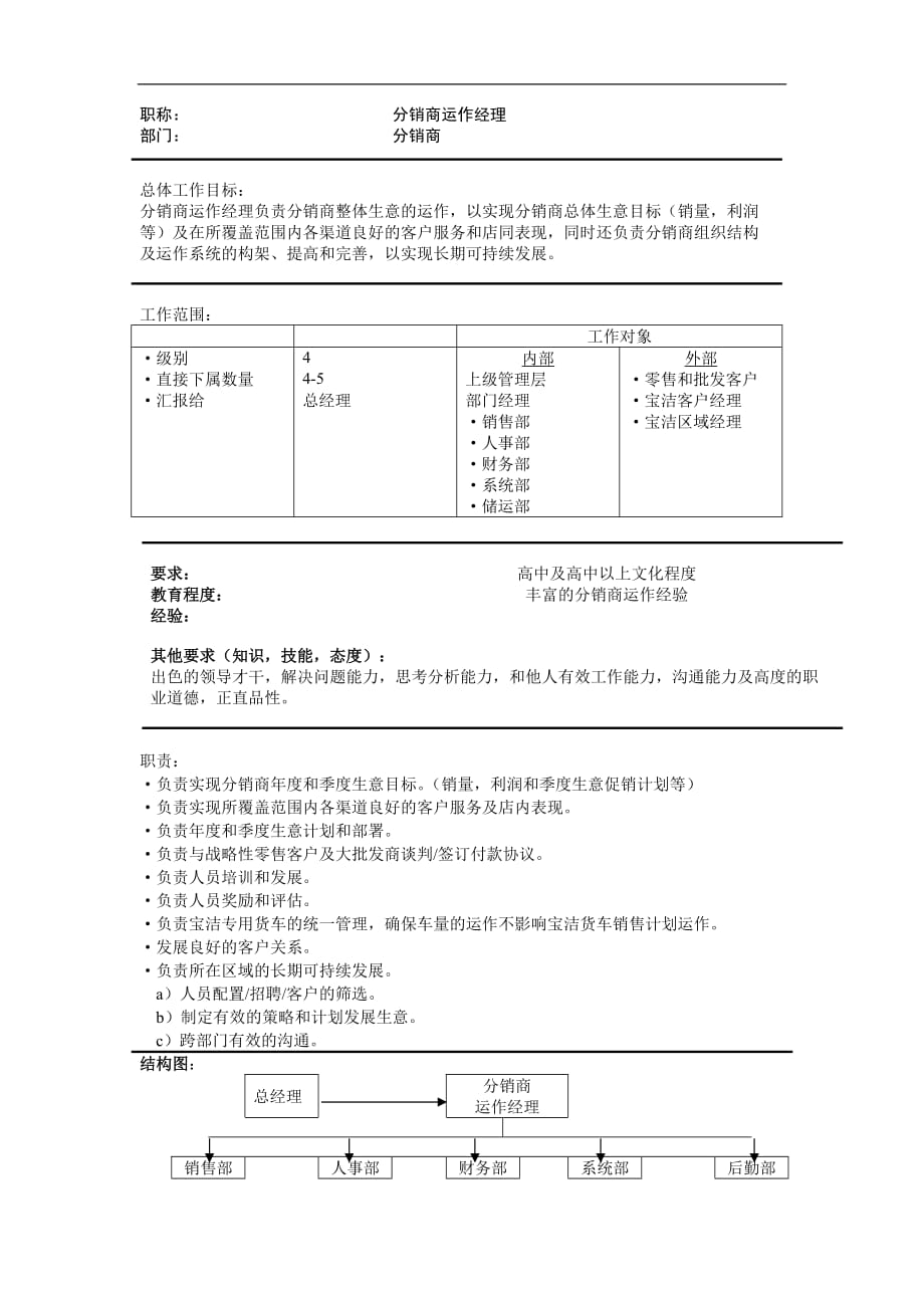 （岗位职责）分销商运作经理职位说明书_第1页