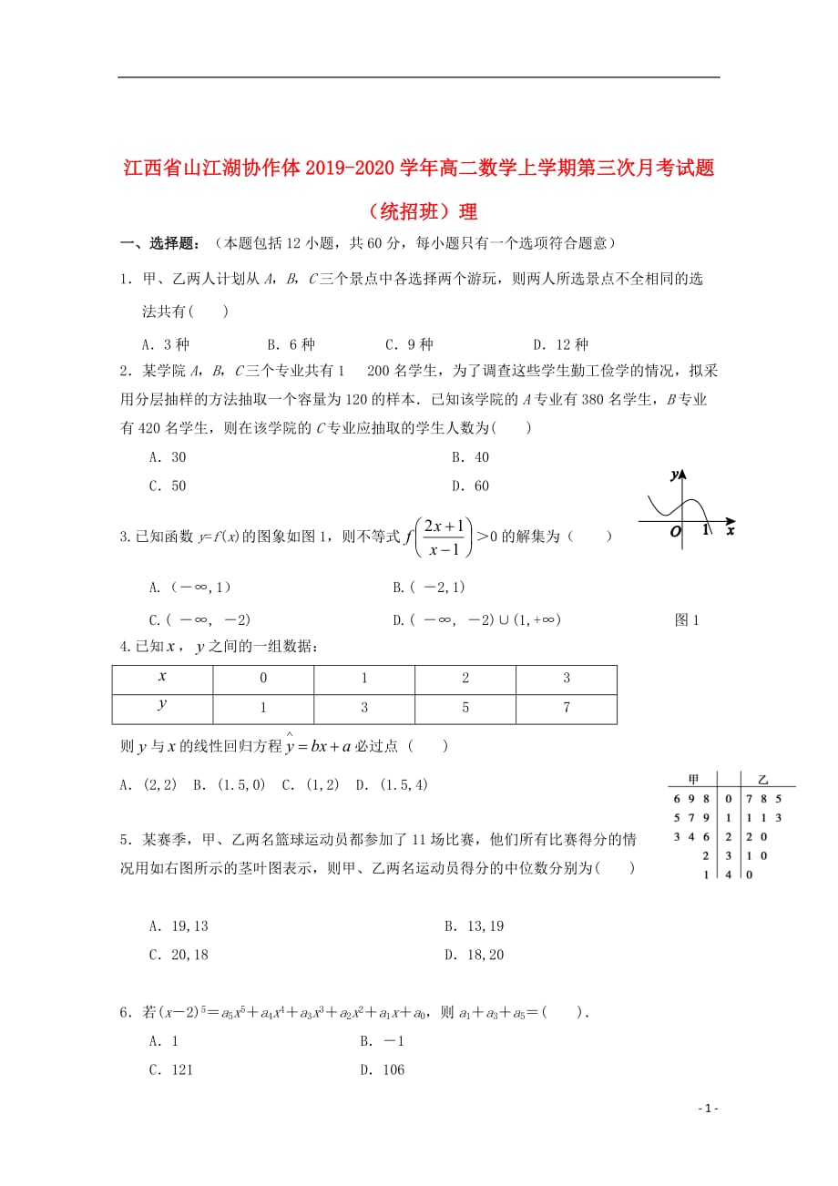 江西省山江湖协作体2019_2020学年高二数学上学期第三次月考试题（统招班）理_第1页