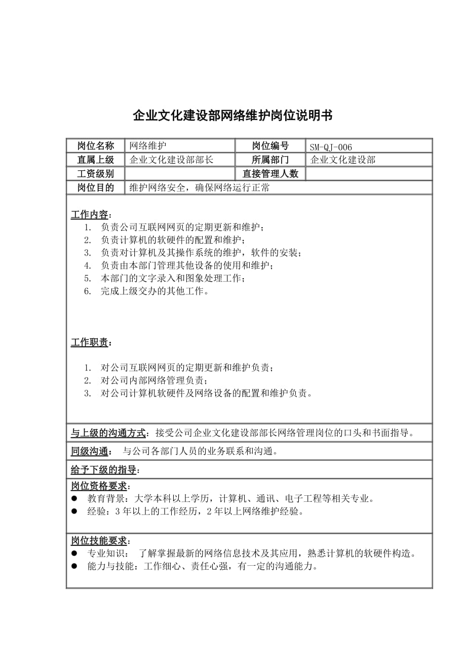 （岗位职责）企业文化建设部网络维护岗位职责_第1页