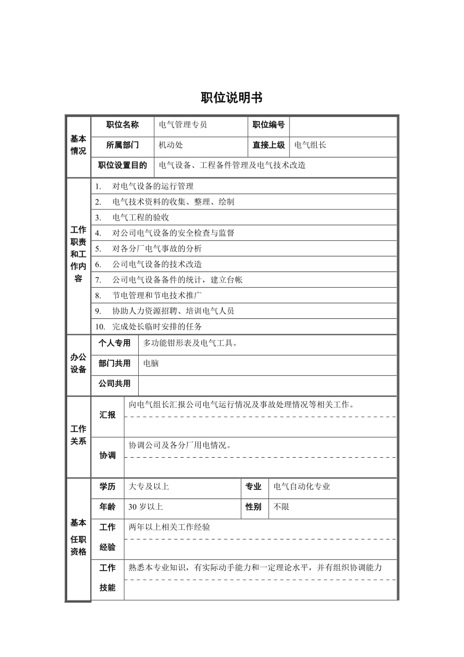 （岗位职责）电气管理专员的工作职责_第1页