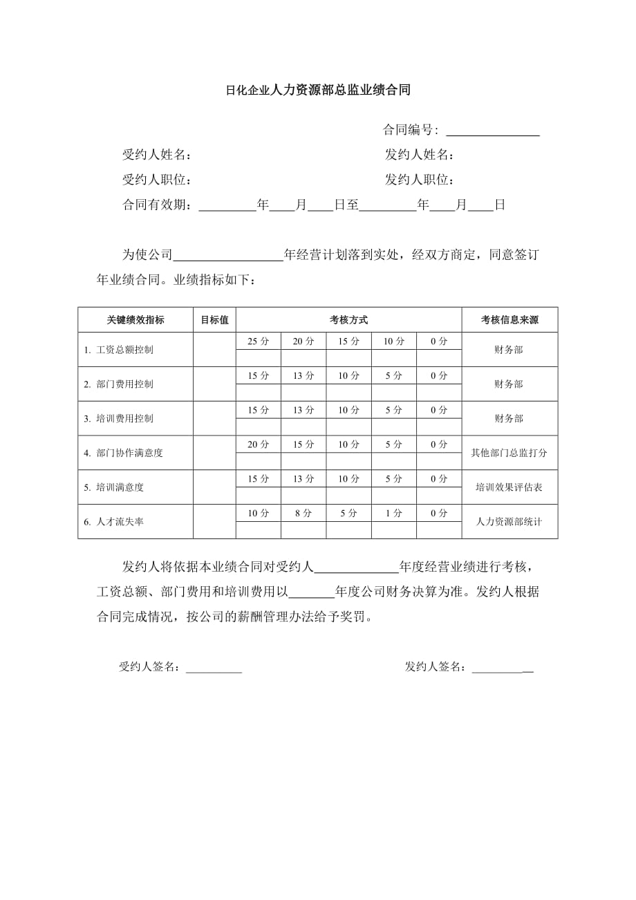 （销售管理）日化企业人力资源部总监业绩合同_第1页