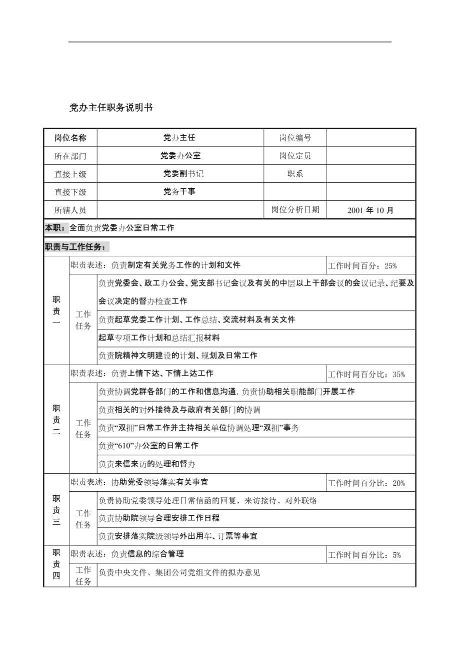 （岗位职责）航材院党办主任职务说明书_第1页