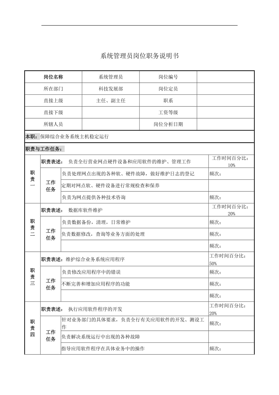 （岗位职责）系统管理员岗位职务说明书_第1页