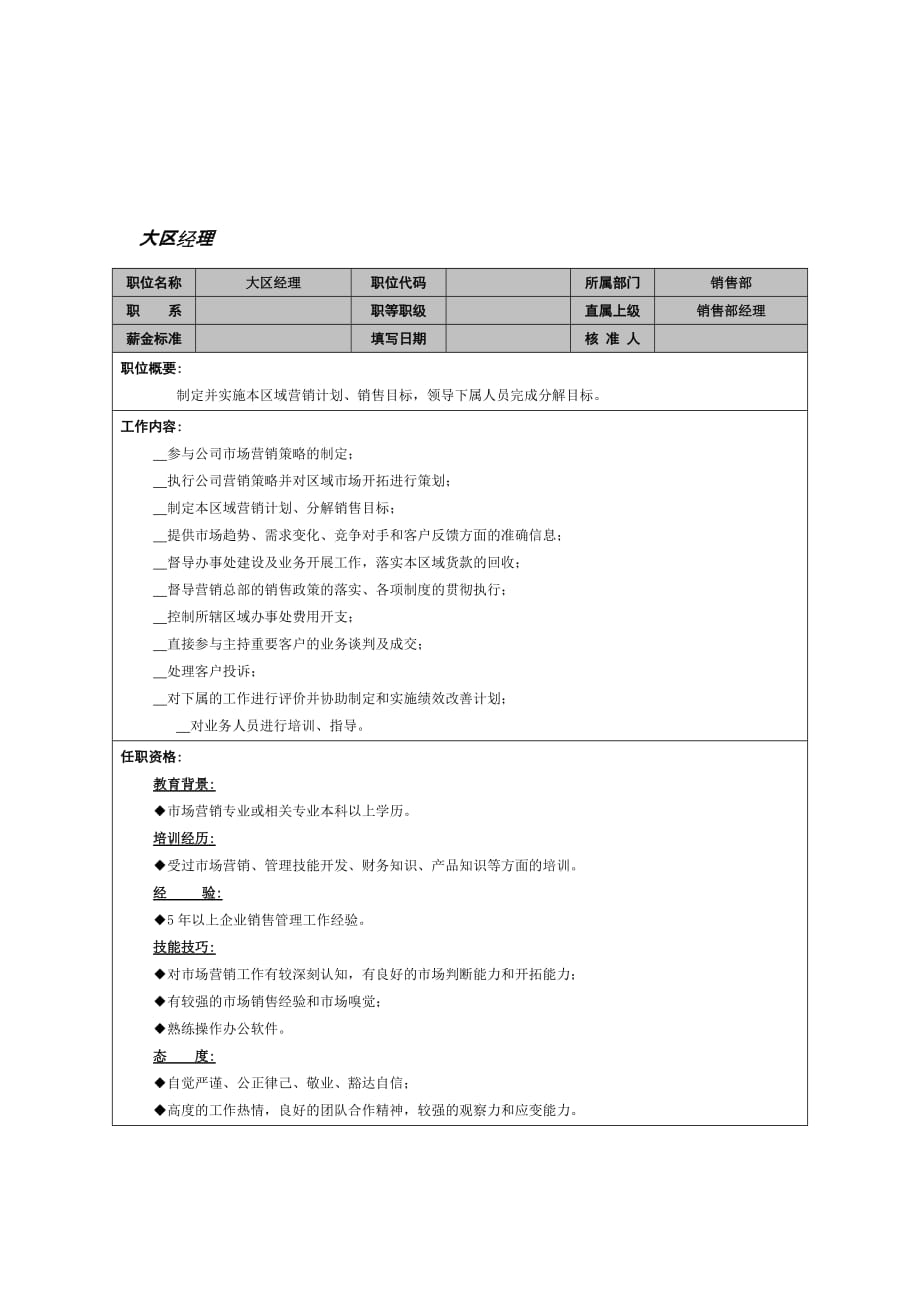 （岗位职责）销售部大区经理岗位描述_第1页