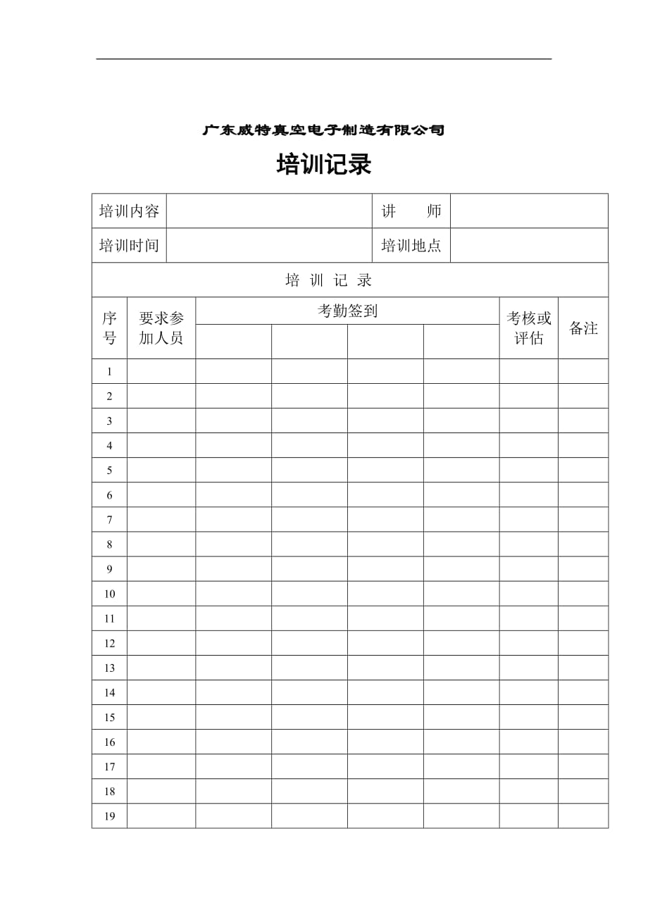 （培训体系）广东威特真空电子制造有限公司培训记录_第1页