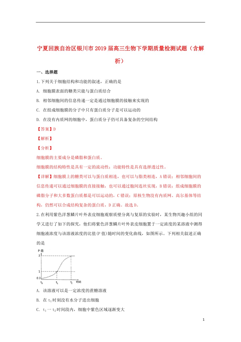 宁夏回族自治区银川市2019届高三生物下学期质量检测试题（含解析）_第1页