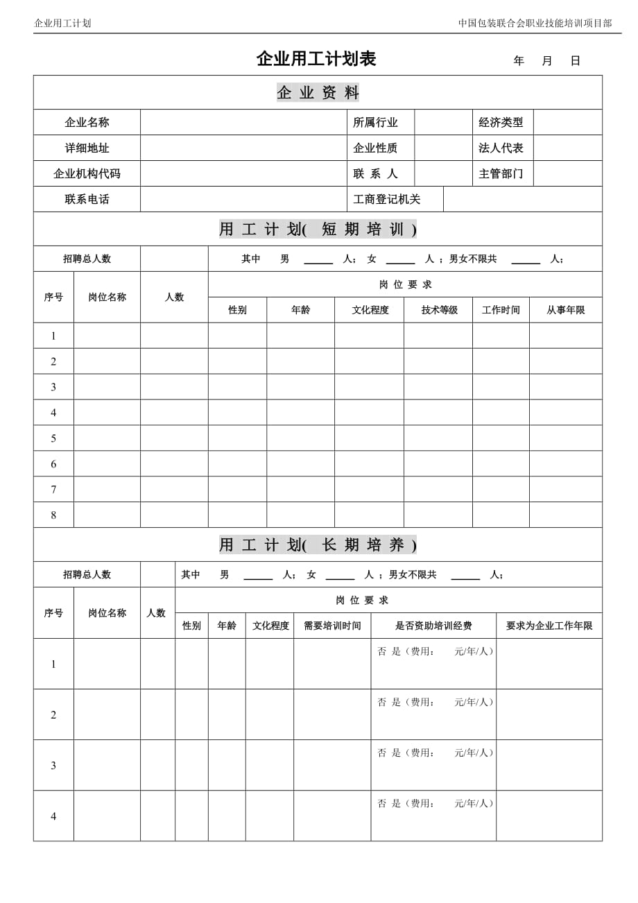 （企业管理套表）企业用工计划表_第1页