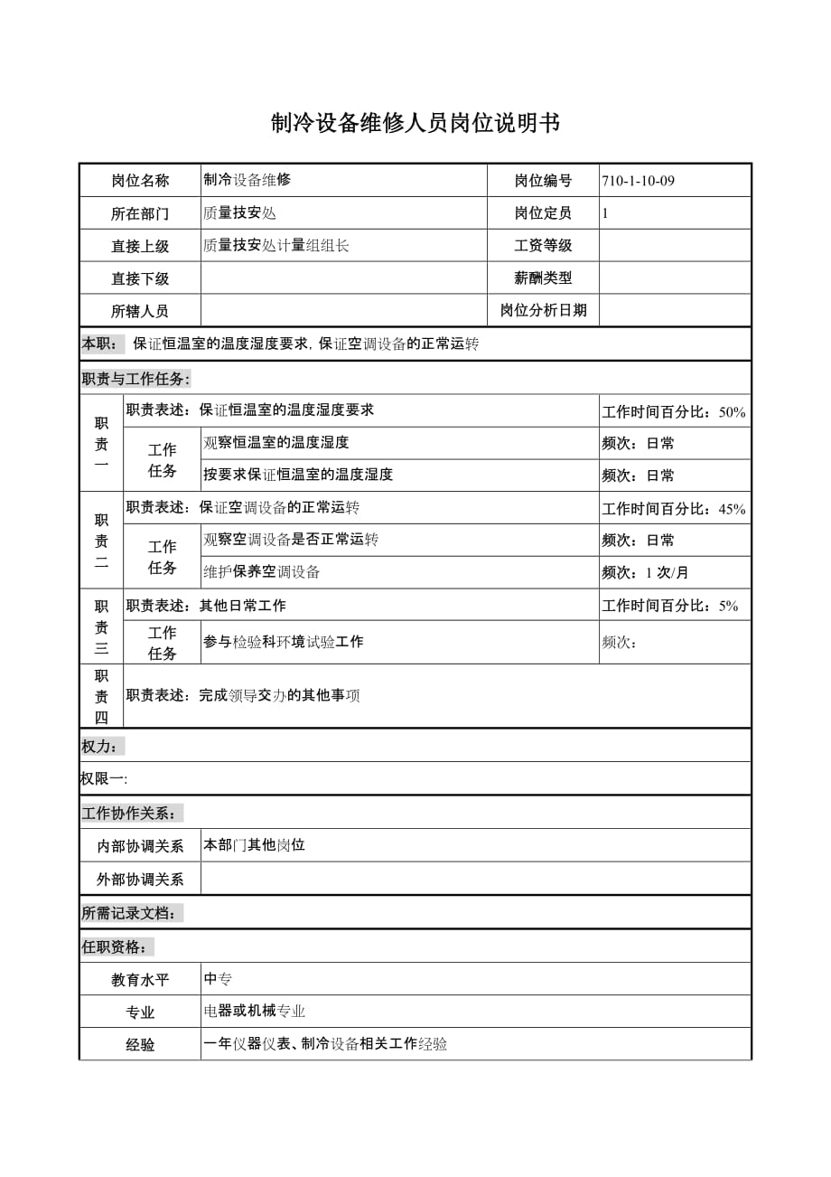 （岗位职责）制冷设备维修人员岗位职务说明_第2页