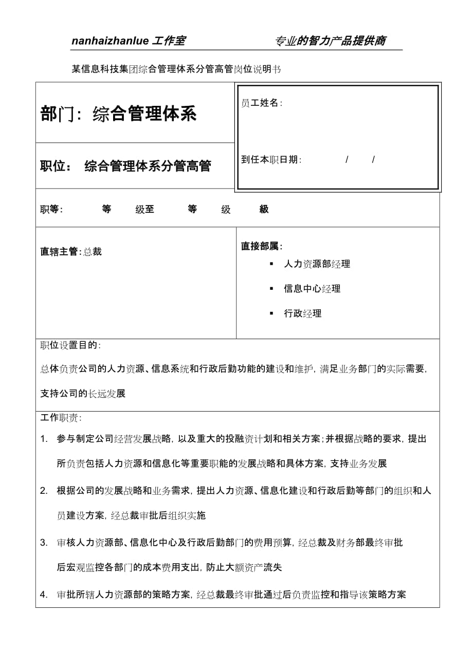 （岗位职责）某信息科技集团综合管理体系分管高管岗位说明书_第1页