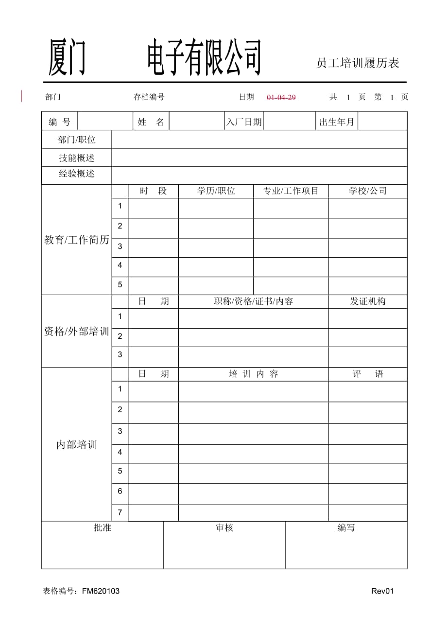 （培训管理套表）FM员工培训履历表_第1页