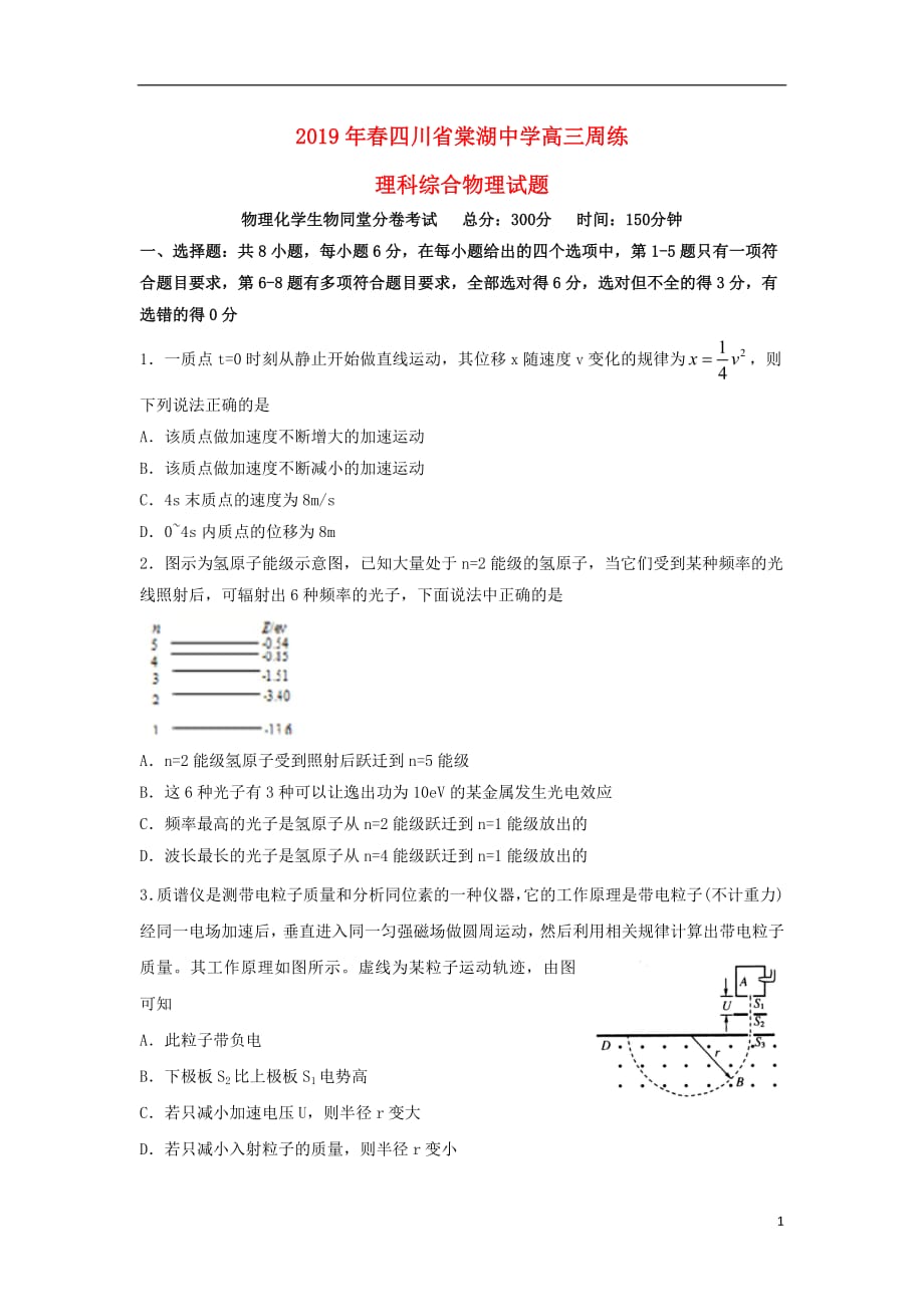 四川省2019届高三物理周练试题3.16_172019032502248_第1页