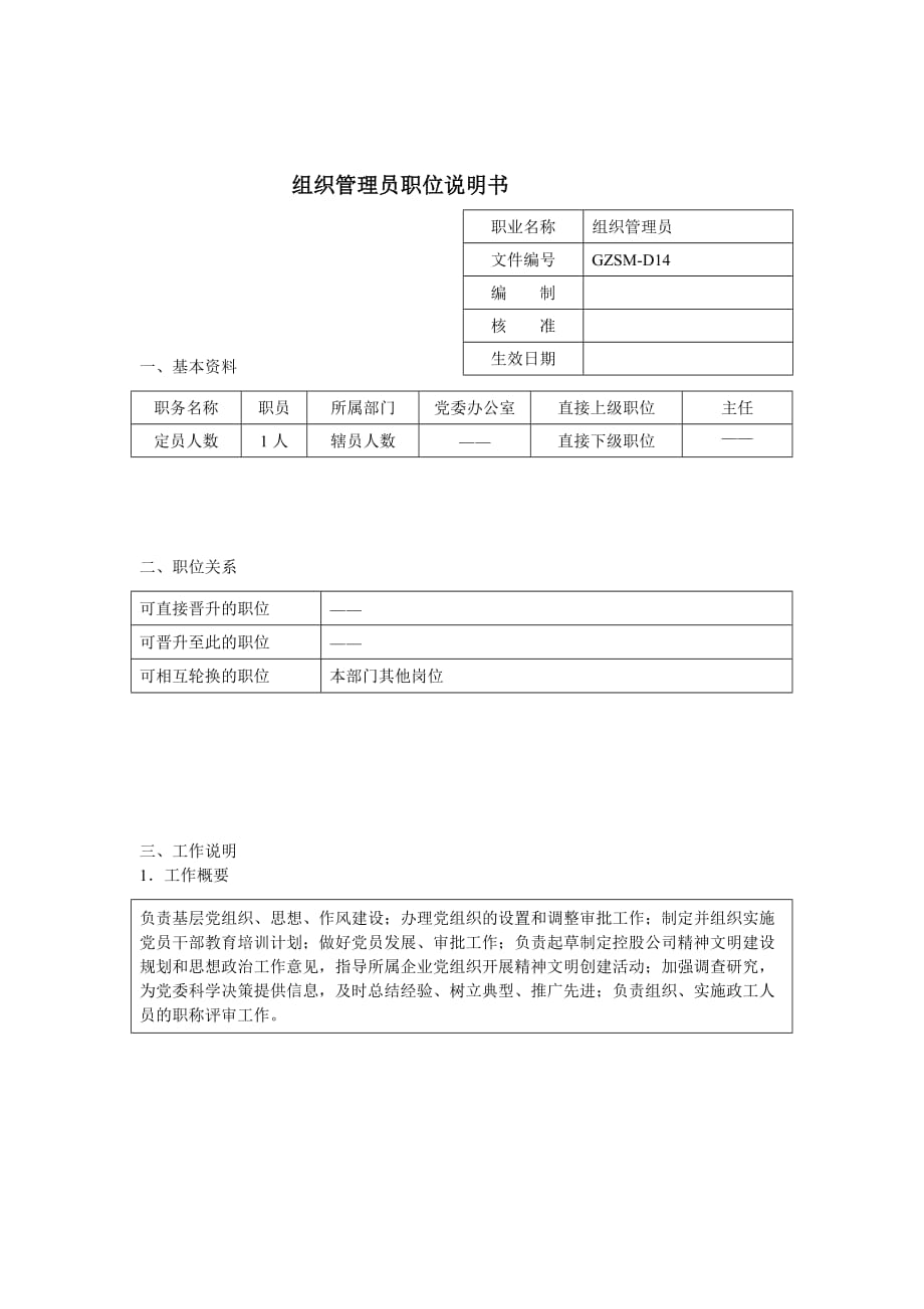 （岗位职责）党委办公组织管理员岗位说明书_第1页