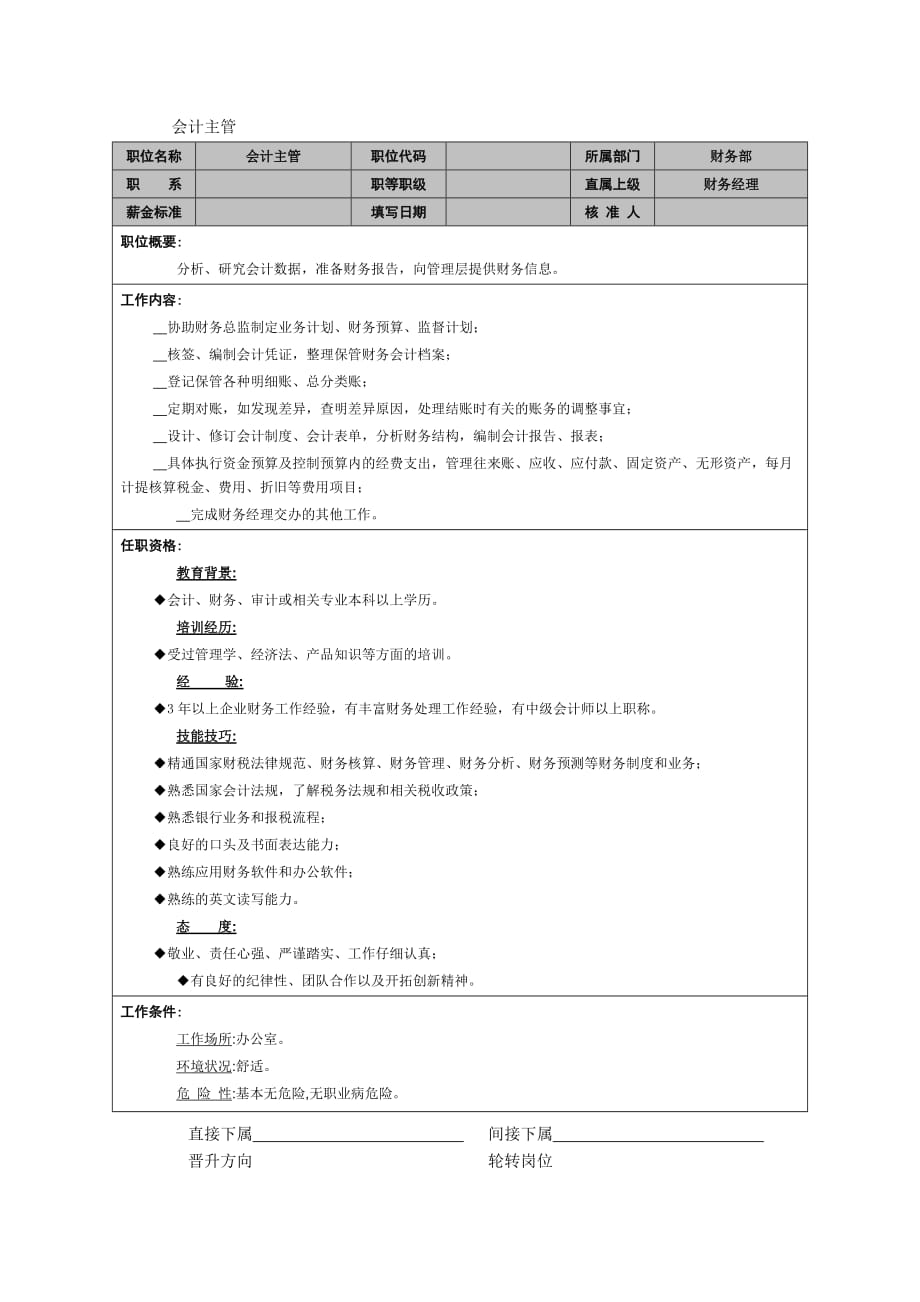 （岗位职责）关于会计主管岗位说明书_第1页