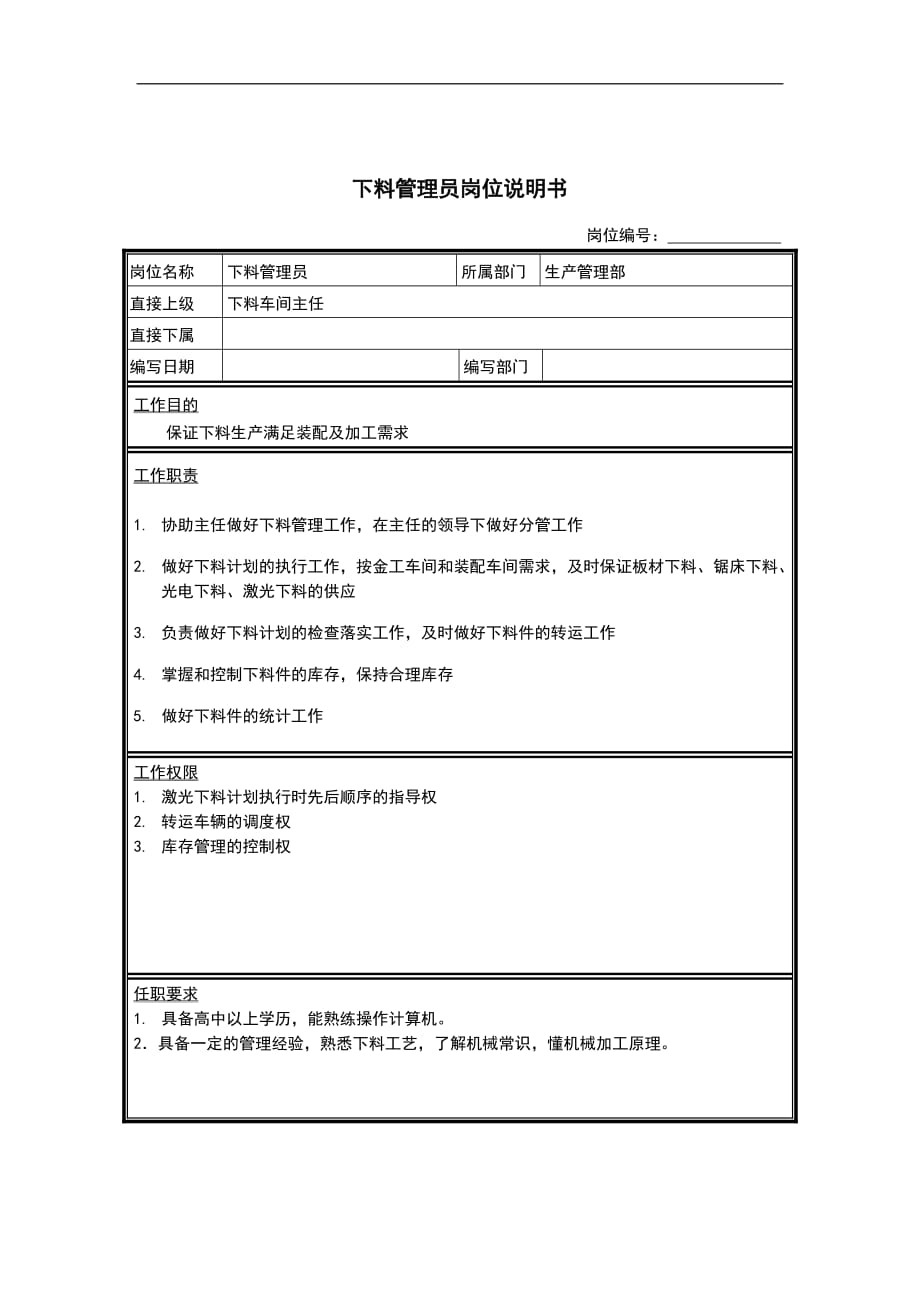 （岗位职责）下料管理员岗位说明书_第1页