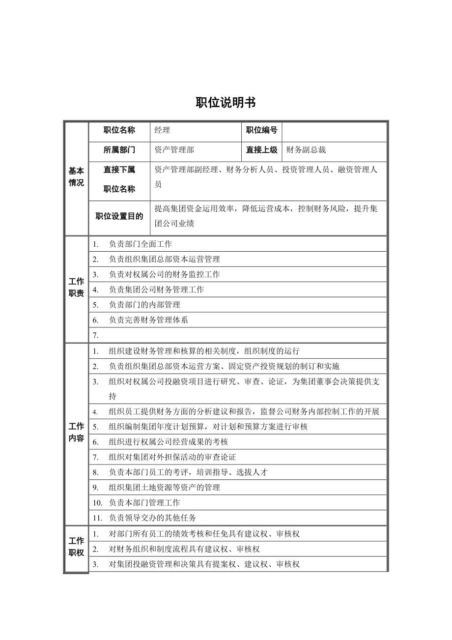 （岗位职责）资产管理部经理职位说明书_第1页