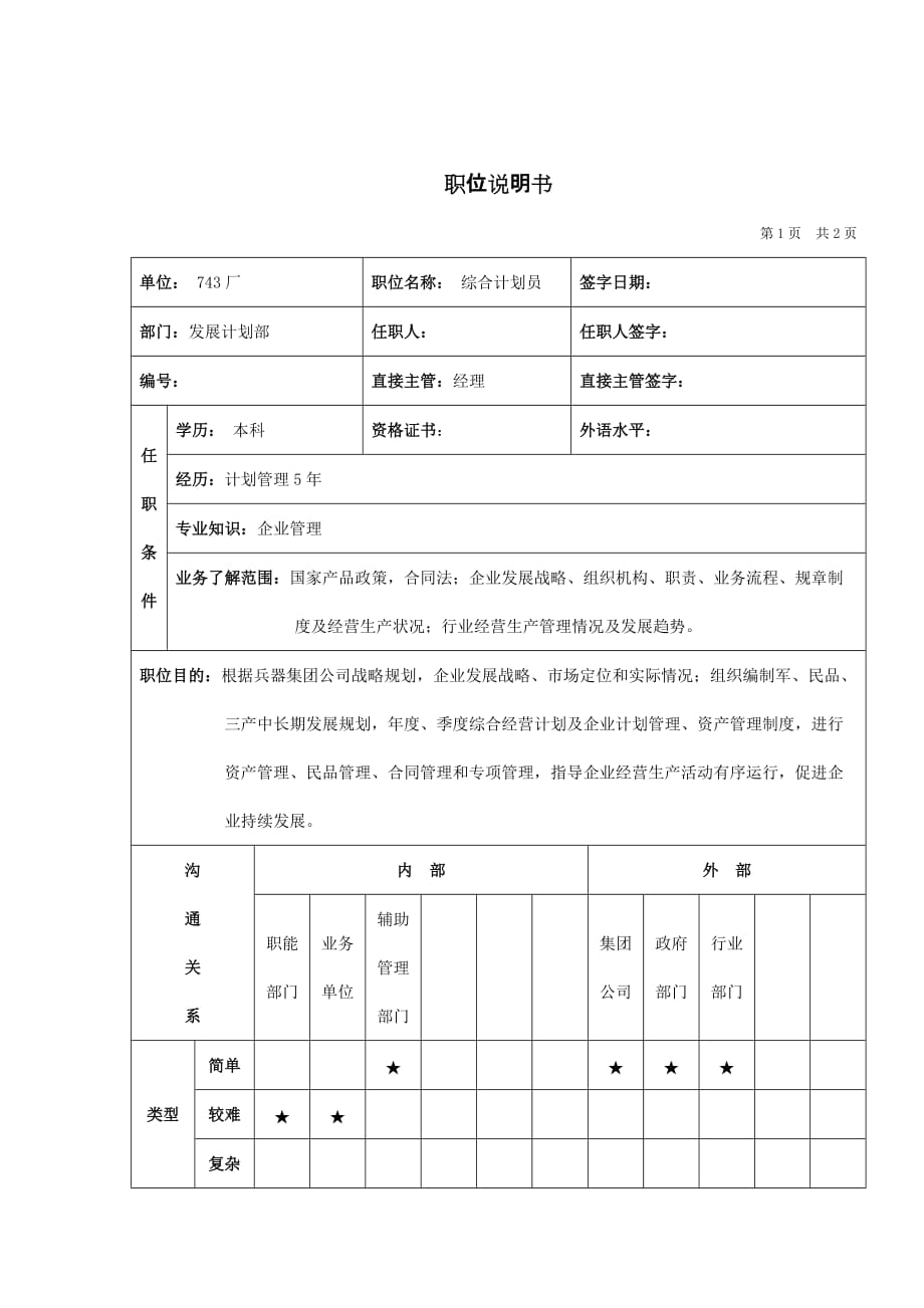 （岗位职责）综合计划员职位说明书_第1页