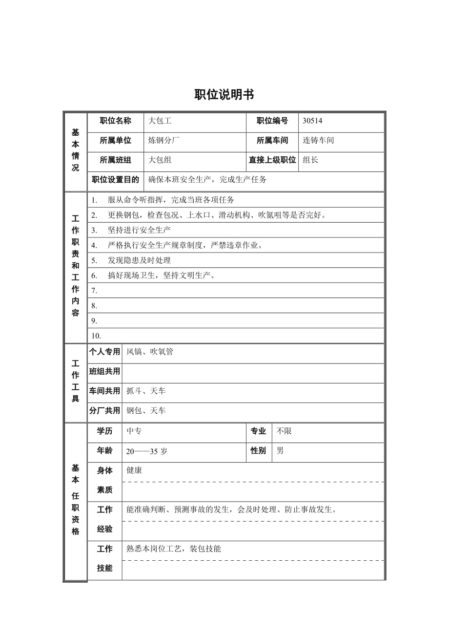 （岗位职责）某炼钢厂连铸车间大包工岗位描述_第1页